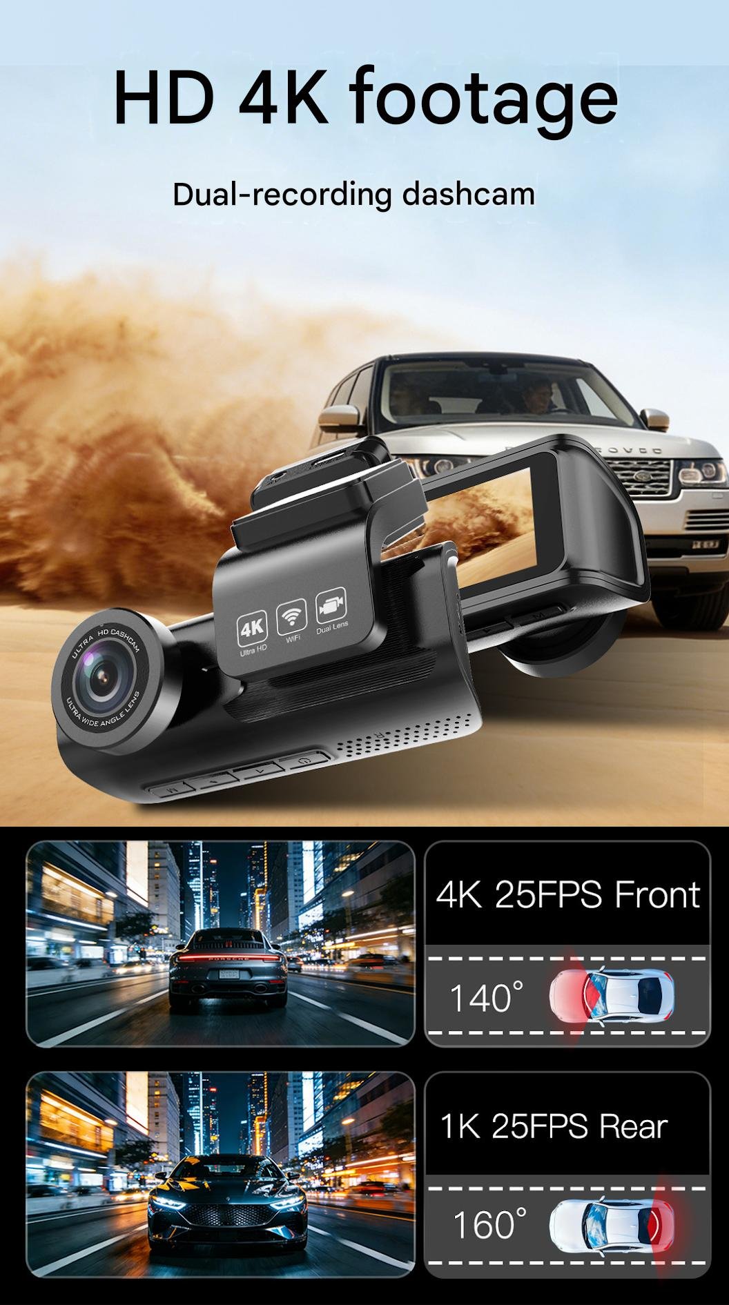 YS14 4K plus 1080P dual channel dash cam with 3.16 inch IPS display